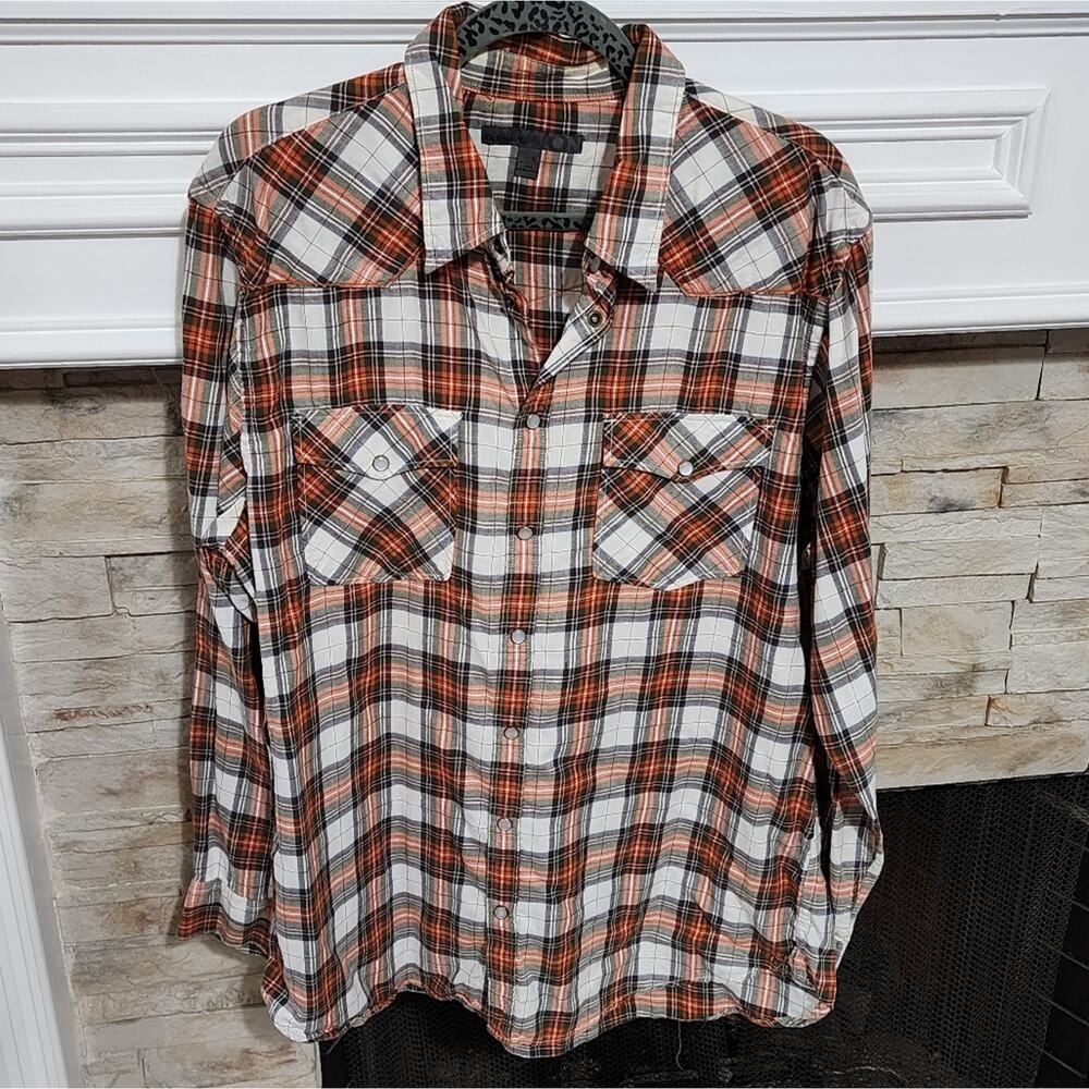 Old‎ Navy Mens XL Orange Black Plaid Western Pearl Snap Long Sleeve Cotton Shirt